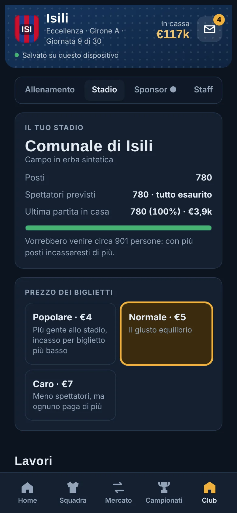 Lo stadio con posti e prezzi dei biglietti